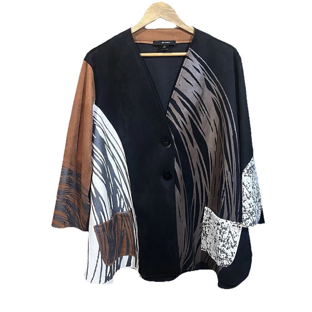 Ali Miles Boho Faux Suede Printed Jacket Womens Sz 1X Black Brown Artsy Western